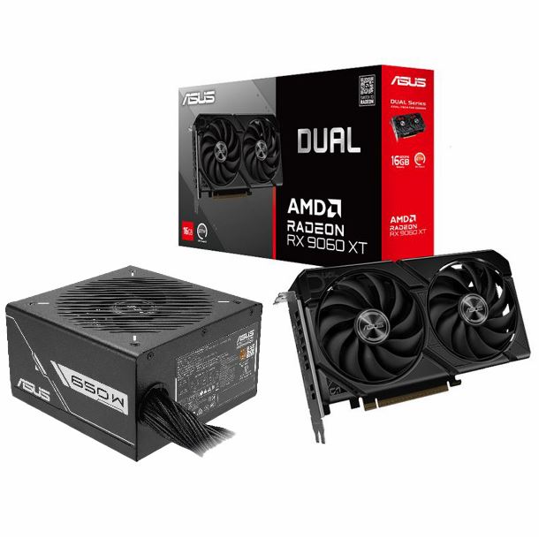 COMBO ASUS VIDEO RADEON RX 9060 XT 16GB DUAL + FUENTE 650W PRIME 80 PLUS BRONZE